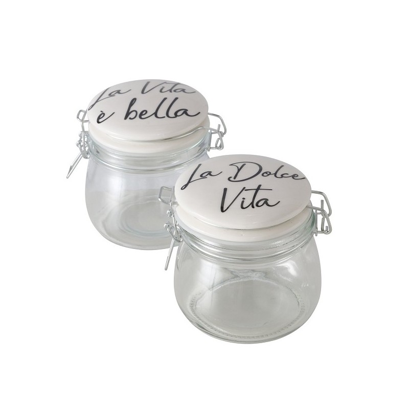 Boltze Home Pot de conservation Dolce Vita, 2 ass., 450 ml, H 12,00 cm, Verre transparent, Porcelaine, Multicolore, Dicton/Texte