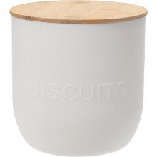 Boîte de rangement plastique avec texte "Biscuits"1,7L Ø15,5xh15,5cm avec couvercle en bambou