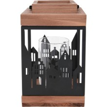 Lantaarn huisjes hout/metaal zwart 14x14x22cm