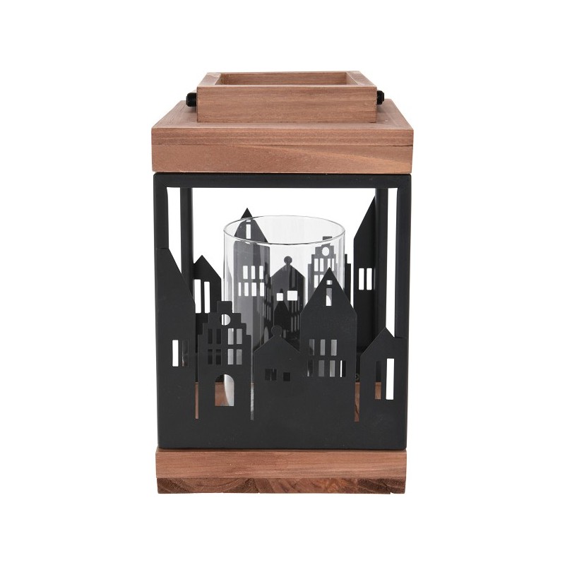 Lantaarn huisjes hout/metaal zwart 14x14x22cm