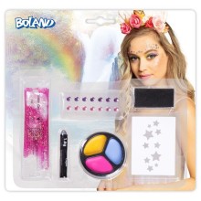 Make-up kit Eenhoorn (sjabloon, stickervel met 14 edelstenen, vetschmink, glittergel en spons)