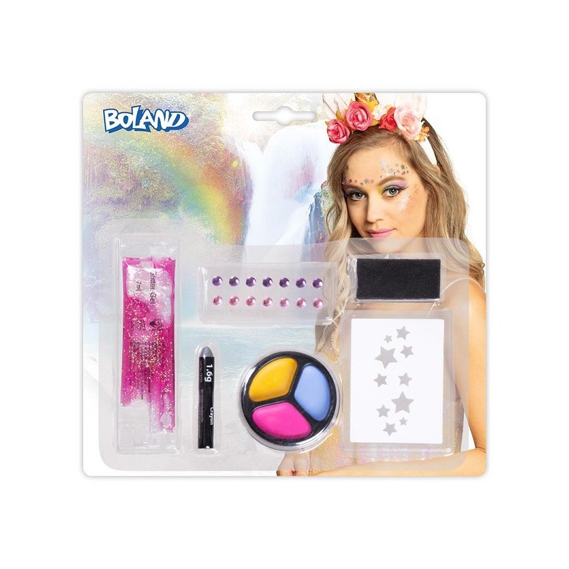 Make-up kit Eenhoorn (sjabloon, stickervel met 14 edelstenen, vetschmink, glittergel en spons)