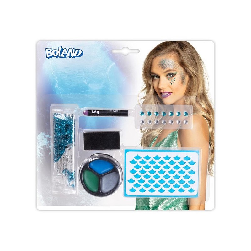 Kit de maquillage Sirène (modèle, planche d'autocollants avec 14 pierres précieuses, peinture grasse, gel pailleté et éponge)