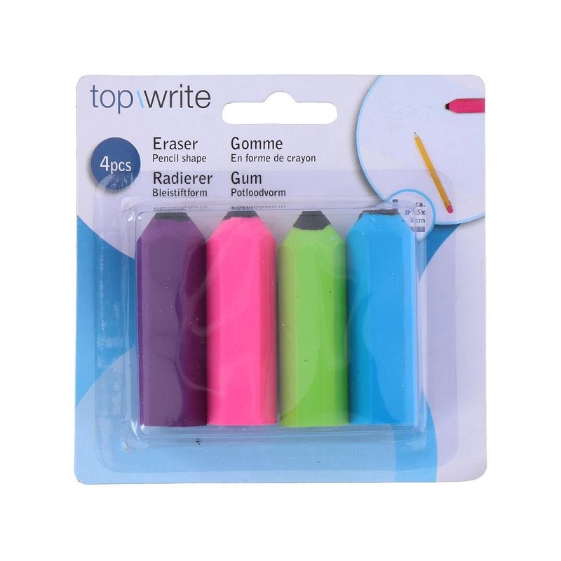 Top Write Eraser forme crayon 4 pièces sur carte