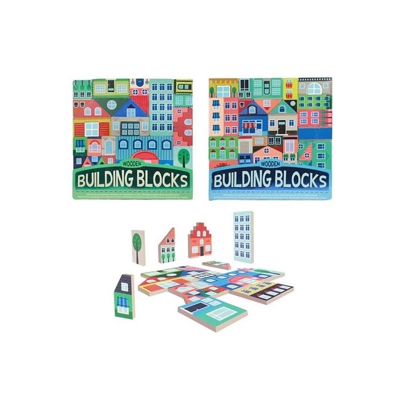 Toi Toys Jeu de blocs de construction en bois, maisons colorées