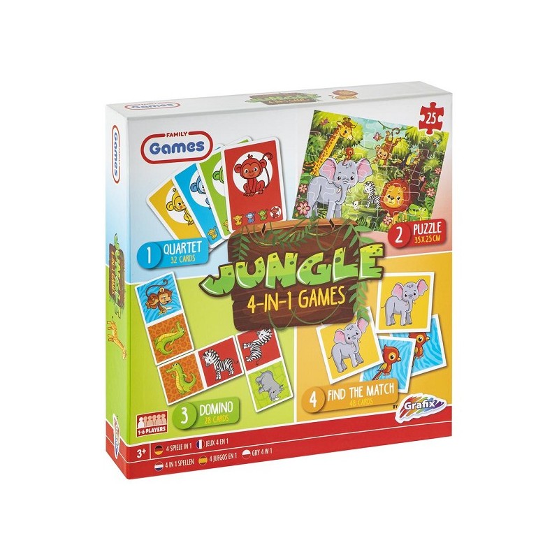 Grafix Jeu 4-en-1 Jungle quatuor, domino, mémoire et puzzle