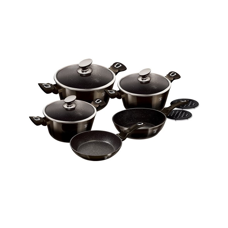 Berlingerhaus set de poêles 5 pièces avec couvercle en verre collection Shiny Black aluminium également induction