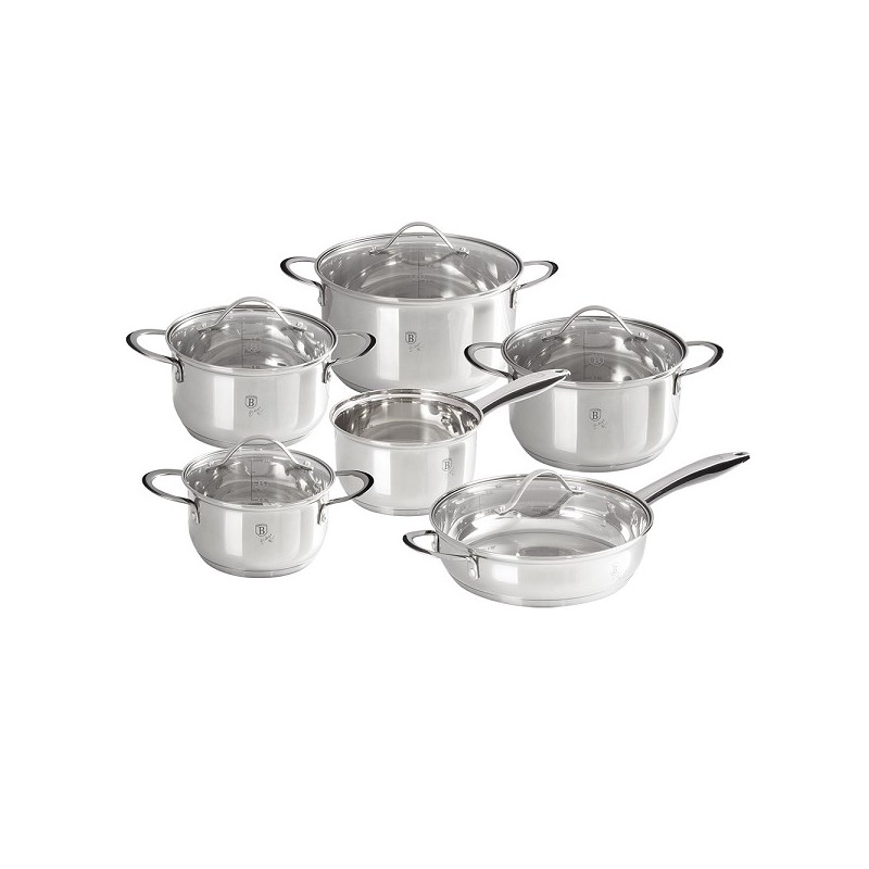 Berlingerhaus set de poêles avec couvercle en verre acier inoxydable 6 pièces 16+18+20+24+casserole 16 et poêle 24 cm Silver Jew