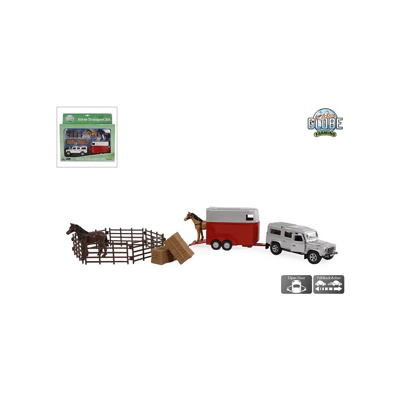 Kids Globe Land Rover avec remorque à chevaux et accessoires qui font reculer 26 cm