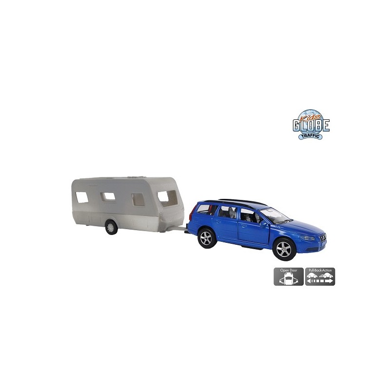 Kids Globe Volvo V70 met Dethleffs caravan die cast pull back 30cm