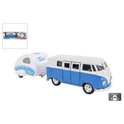 Welly VW bus T1 1963 avec caravane roue libre 21cm bleu