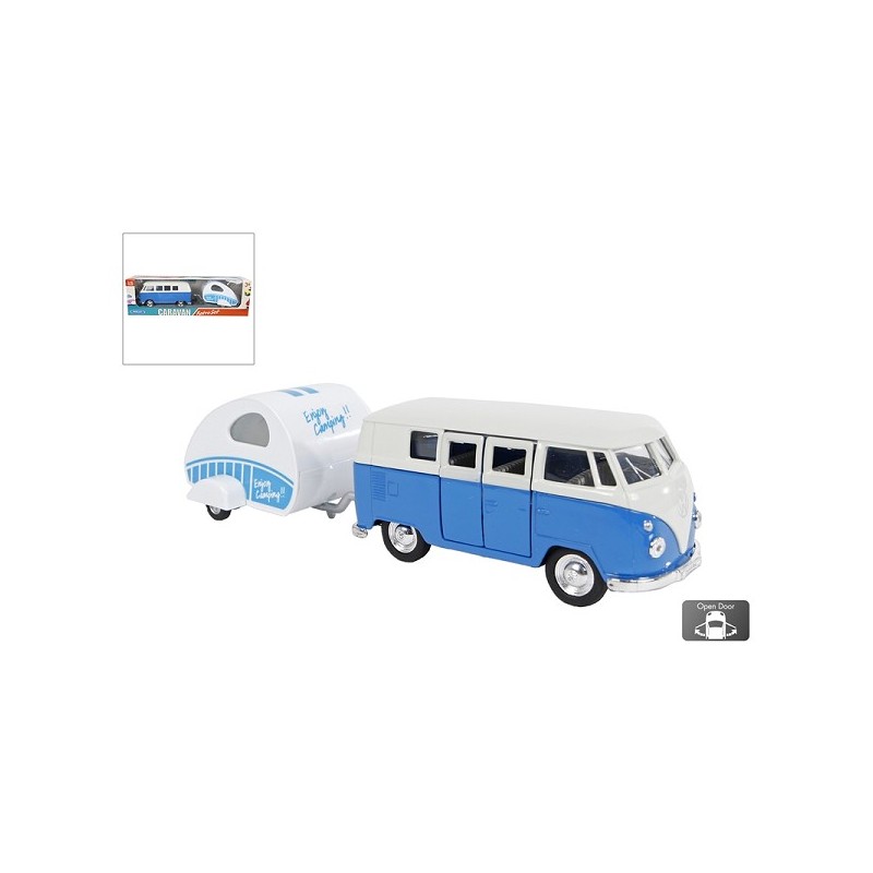 Welly VW bus T1 1963 avec caravane roue libre 21cm bleu