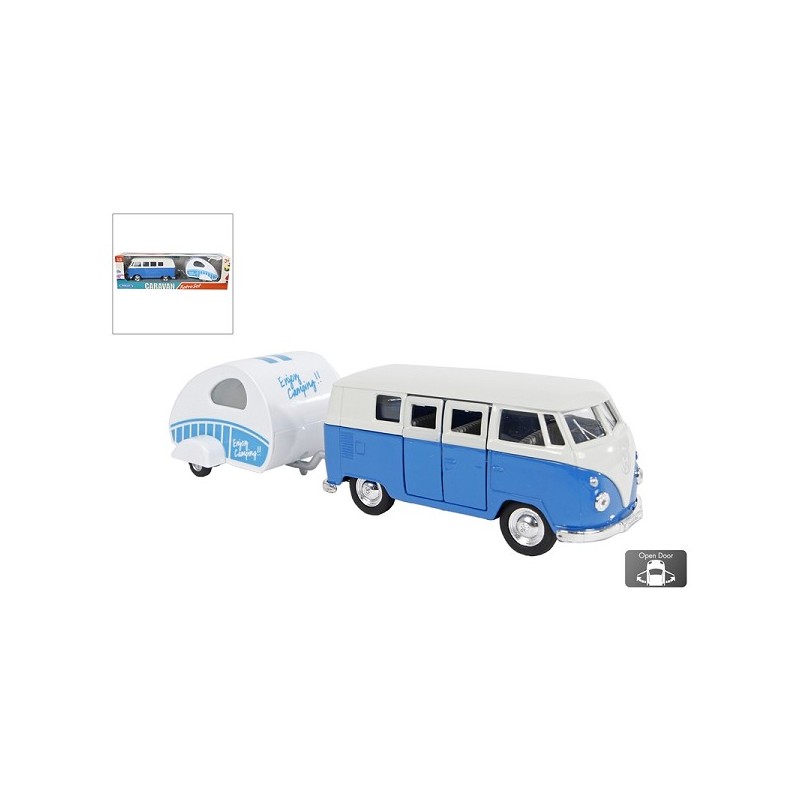 Welly VW bus T1 1963 met caravan free wheel 21cm blauw