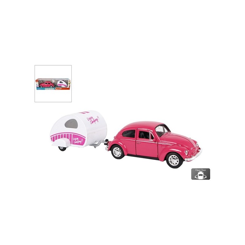 Welly VW beetle met caravan free wheel 21cm roze