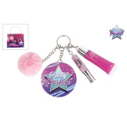 Pretty Perfect pom pom sleutelhanger met 2x lipgloss en spiegel roze