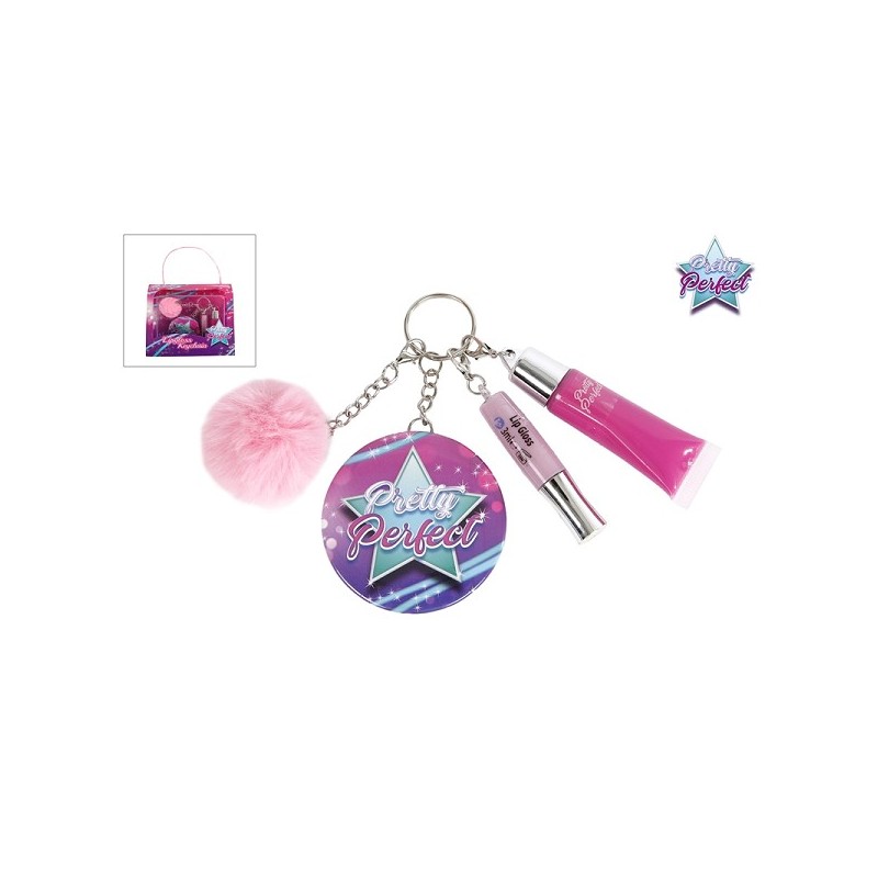 Porte-clés pompon Pretty Perfect avec 2x brillant à lèvres et miroir rose