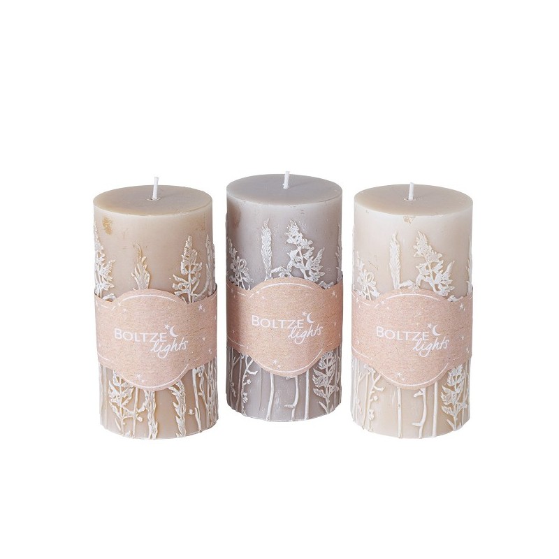 Boltze Home Bougie pilier Gräser Ø7xH13cm , Beige, Gris clair, Mélange de couleurs taupe avec relief floral