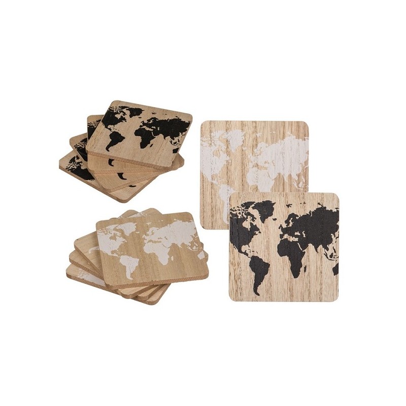 Sous-verres carte du monde en bois lot de 4 pièces 9,5x9,5cm