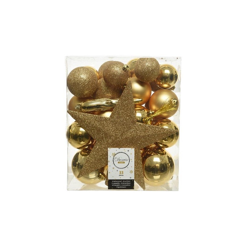 Jeu de boules de Noël en plastique doré clair, boîte de 33 pièces