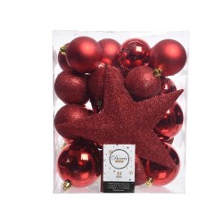 Jeu de boules de Noël en plastique avec pic étoile Noël rouge boîte de 33 pièces