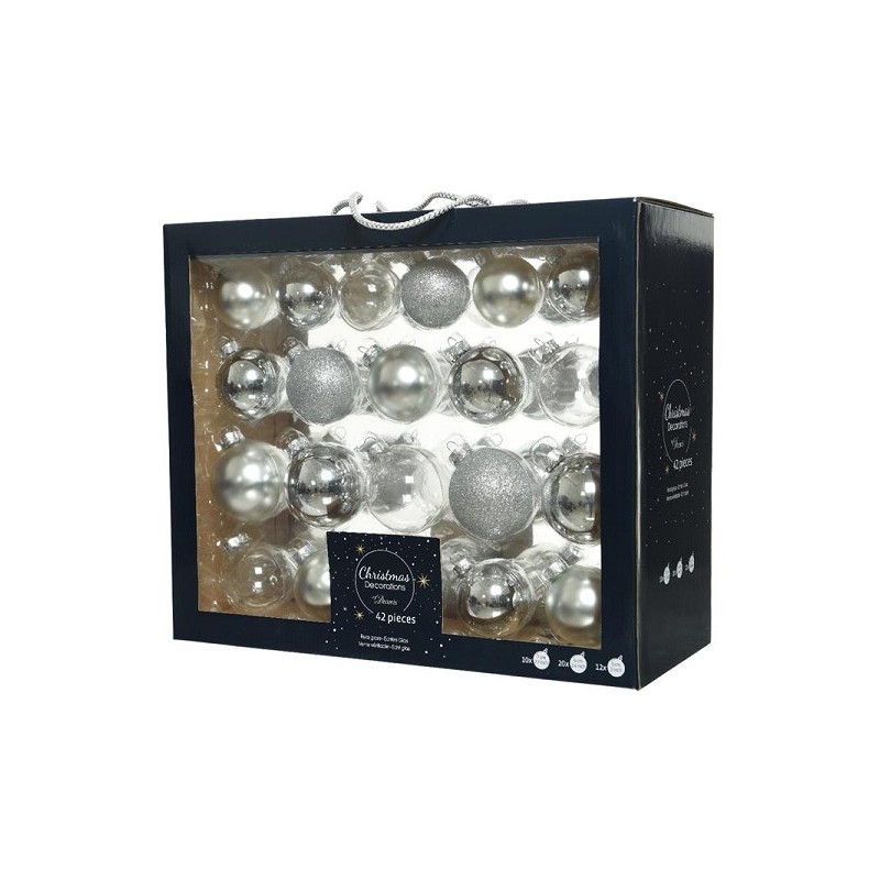 Kerstballenset van glas zilver box a 42 stuks
