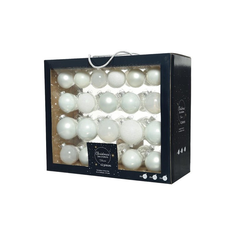 Set de boules de Noël en verre blanc hiver boîte de 42 pièces