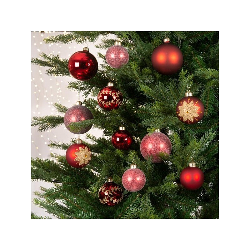 Set de boules de Noël en verre tailles assorties et boîte de décoration a 12 pièces rouge