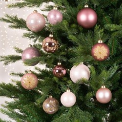 Kerstballenset glas assorti maten en decoratie  box a 12stuks roze
