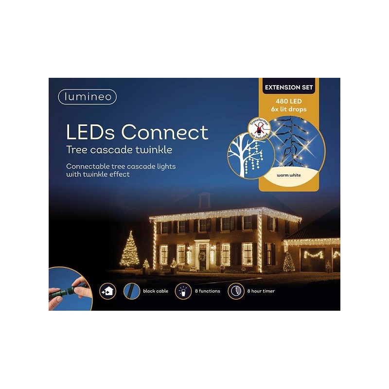 Kit de démarrage de lumières en cascade Connect de Lumineo LED, 8 fonctions, effet scintillant et minuterie de 8 heures, blanc c