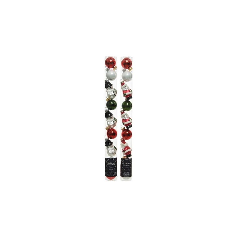 Decoris Koker kerstfiguren van glas, koker a 9 stuks  wit/rood/groen