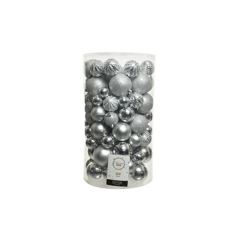 Decoris Mélange de boules de Noël incassables en plastique, tube de 100 pièces, Argent