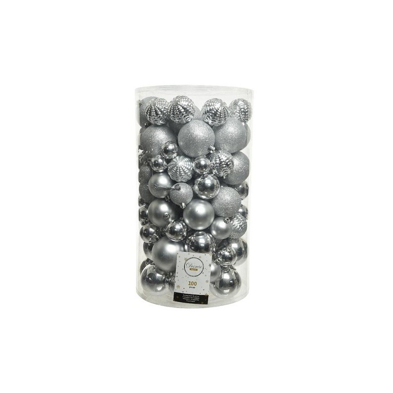Decoris Onbreekbare Kerstballenmix van kunststof,  koker van 100 stuks, Zilver