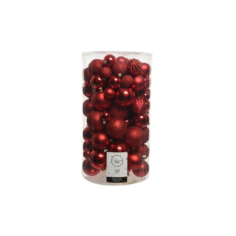 Decoris Onbreekbare Kerstballenmix van kunststof, koker van 100 stuks, Kerstrood