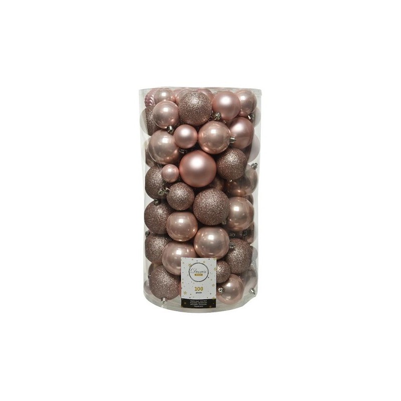 Decoris Mélange de boules de Noël incassables en plastique, tube de 100 pièces, Rose poudré