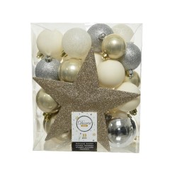 Decoris Onbreekbare kerstballenset a 33 stuks met piek in assorti kleuren pearl, zilver, wol wit.