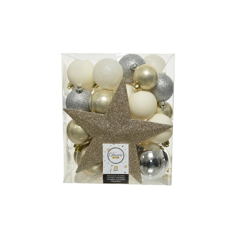 Decoris Onbreekbare kerstballenset a 33 stuks met piek in assorti kleuren pearl, zilver, wol wit.