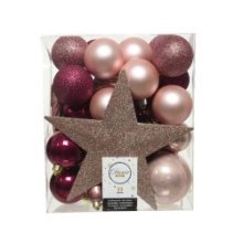 Decoris Lot de 33 boules de Noël incassables avec visière de couleurs assorties rose poudré, magnolia et rose velours