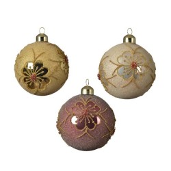 Decoris Boule de Noël décorée lot de 3 boules en verre dia 8 cm couleurs assorties or clair, perle et rose velours