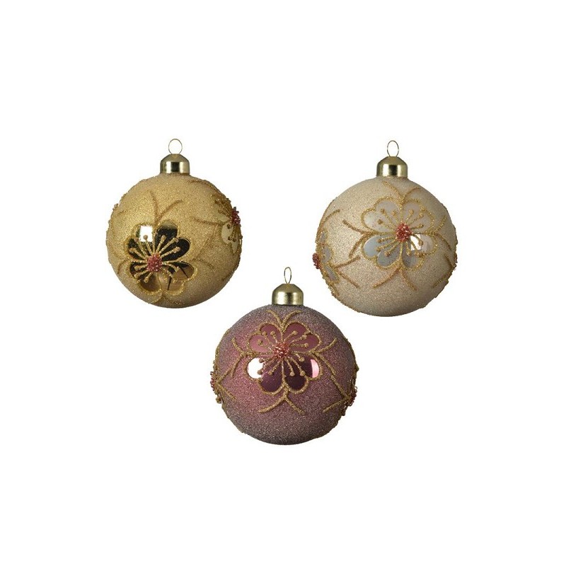 Decoris Boule de Noël décorée lot de 3 boules en verre dia 8 cm couleurs assorties or clair, perle et rose velours