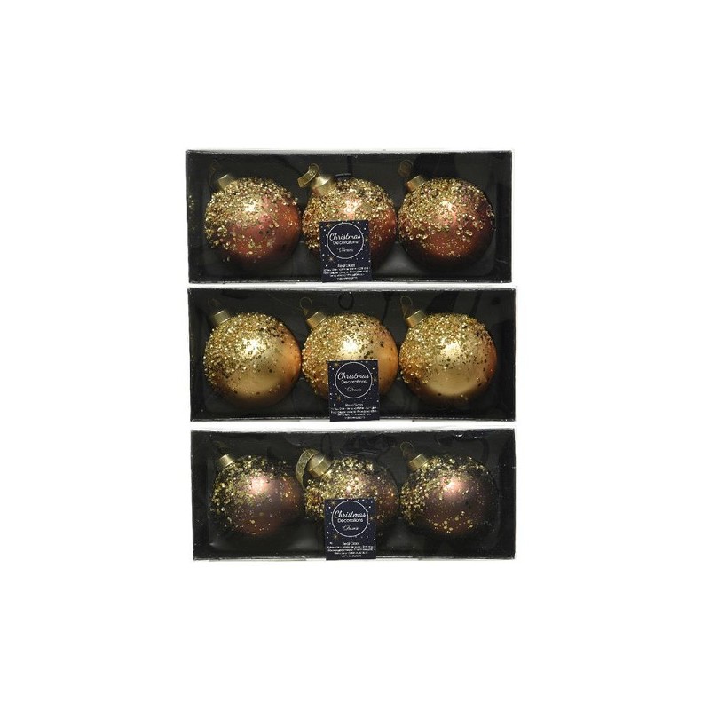 Decoris Boule de Noël décorée en verre, lot de 3 boules dia 8 cm en couleurs marron terre OU marron foncé OU gris chaud