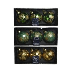 Decoris Boule de Noël décorée en verre, lot de 3 boules dia 8 cm en couleurs vert sapin OU vert sauge OU or clair