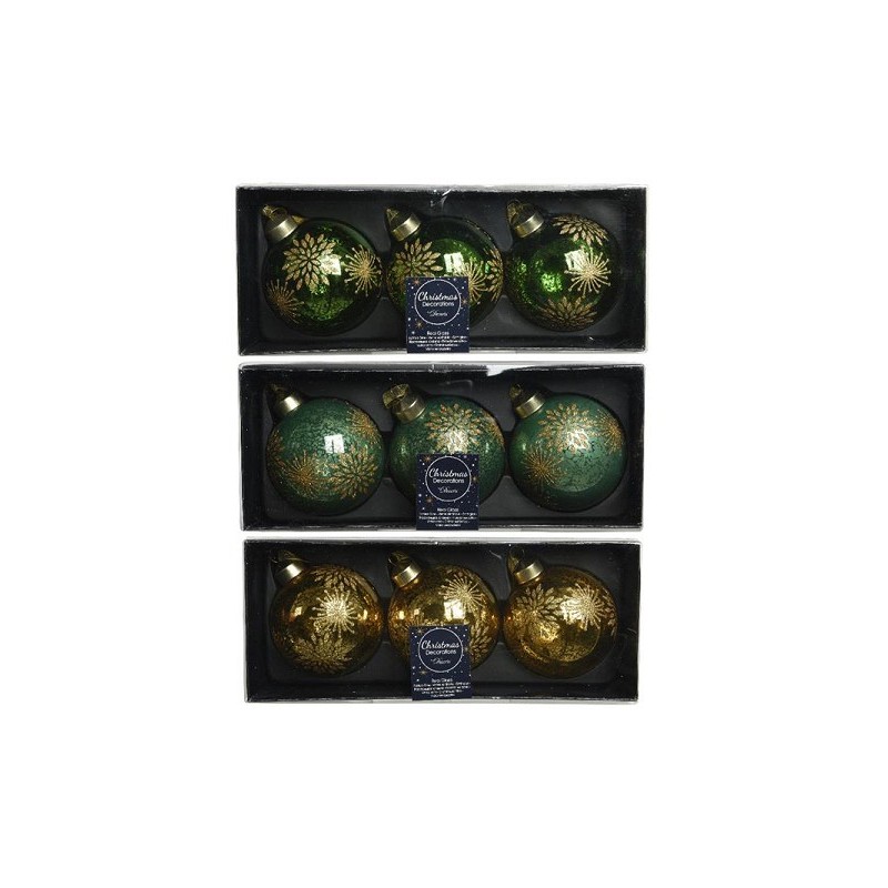 Decoris Boule de Noël décorée en verre, lot de 3 boules dia 8 cm en couleurs vert sapin OU vert sauge OU or clair