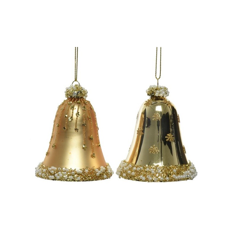Decoris Glazen kerstornamenten in vorm van gedecoreerde glazen klokjes dia 6.5cm x 8 cm licht goud