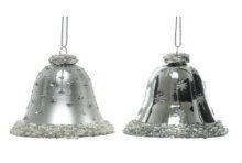 Decoris Boules de Noël en verre en forme de cloches décorées dia 6,5 cm x 8 cm argent