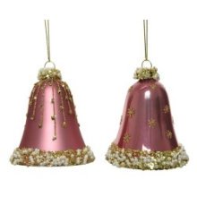 Decoris Boules de Noël en verre en forme de cloches décorées dia 6,5 cm x 8 cm velours rose
