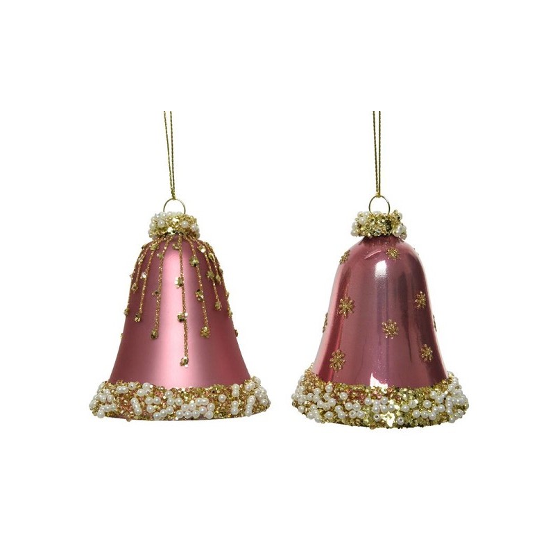 Decoris Boules de Noël en verre en forme de cloches décorées dia 6,5 cm x 8 cm velours rose