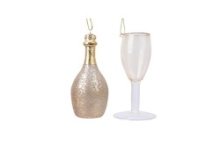 Decoris Glazen kerstornamentenset in de vorm van champagne fles en glas 12.5 cm verpakt in giftbox