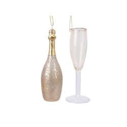 Décoration de Noël en verre Decoris en forme de bouteille de champagne et verre 12,5 cm emballée dans une boîte cadeau