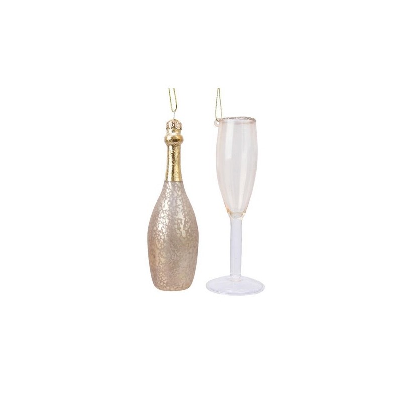 Decoris Glazen kerstornamentenset in de vorm van champagne fles en glas 12.5 cm verpakt in giftbox
