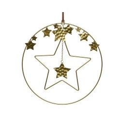 Decoris Kerstdecoratie hanger gouden cirkel met sterren dia 25cm, ijzer met leren hanger